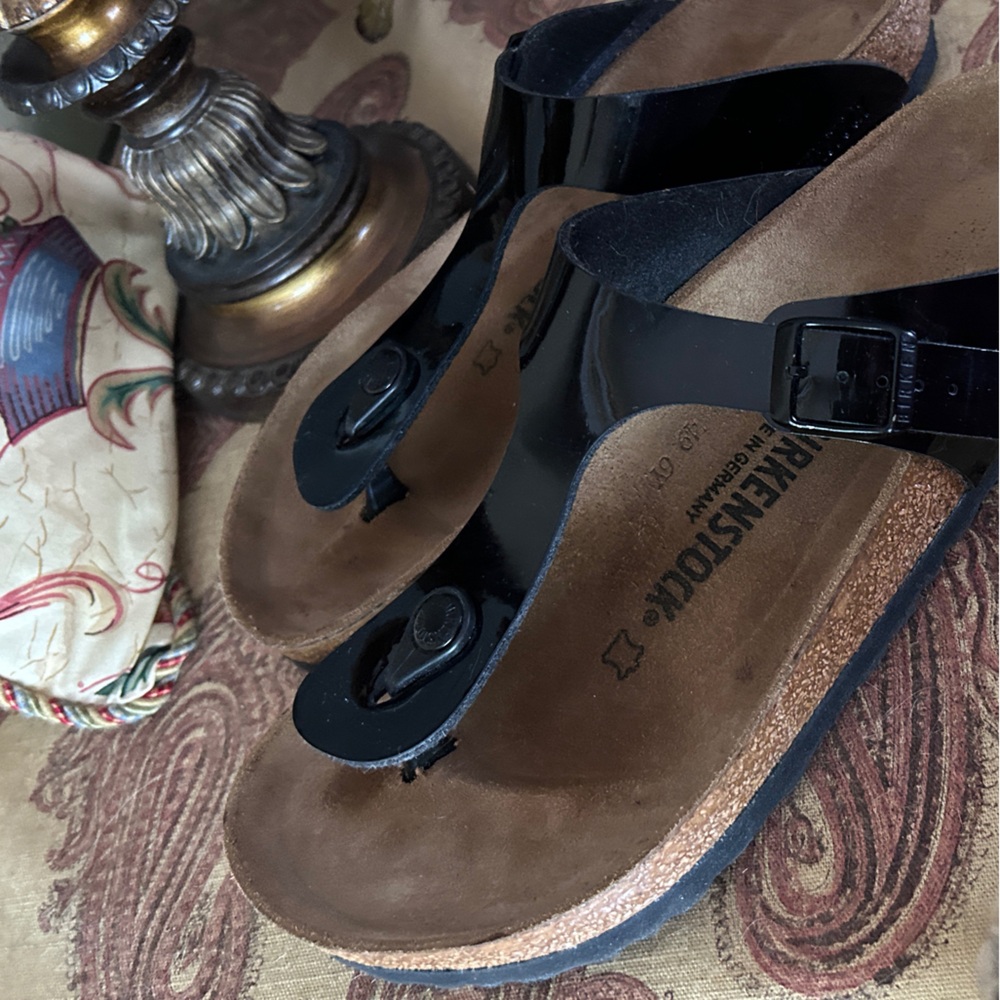 Birkenstock patent black slides sandals sz 39 8.5 Retail $110